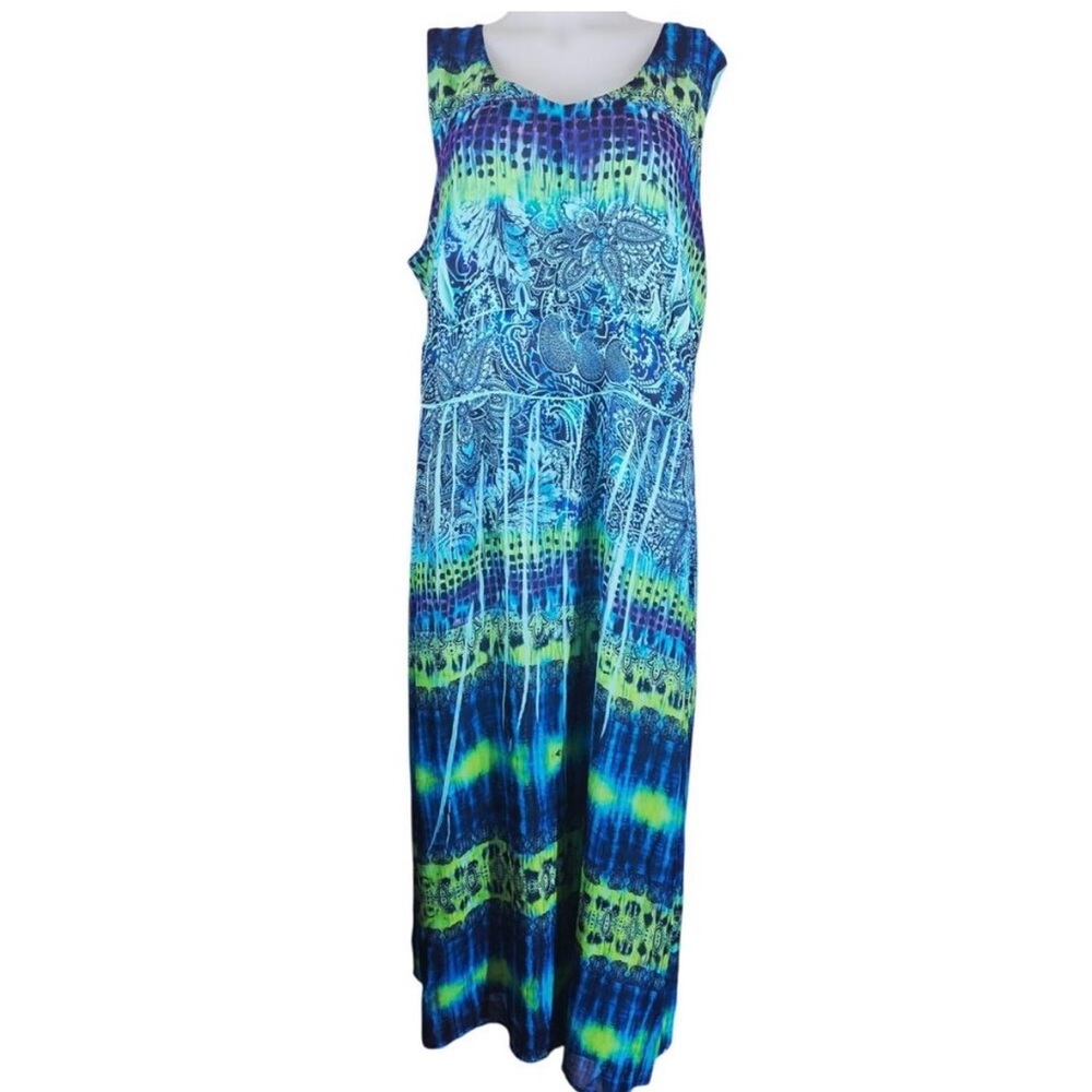 Maggie Barnes Blue Green Watercolor Casual Cruise Travel Maxi Dress 20W